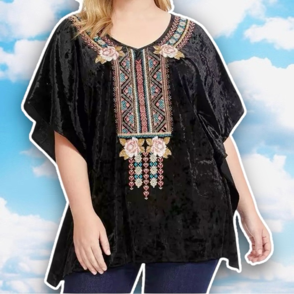 ANDREE BY UNIT Crushed Velvet Floral Embroidery Caftan Top Boho Stevie Nicks